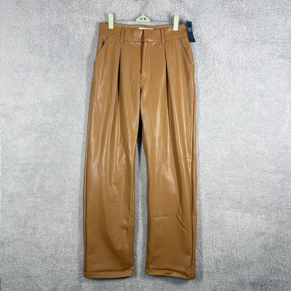 NEW Abercrombie & Fitch Pleated Faux Leather Straight Leg Trouser Size 6‎ Tan